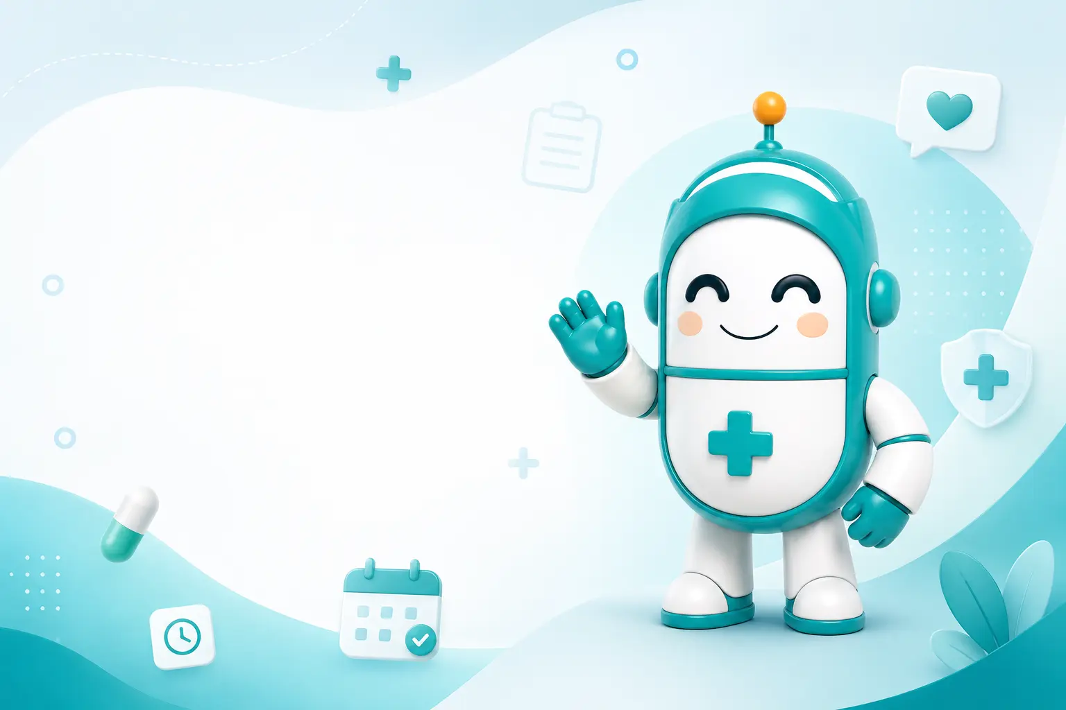 The FarmaBot mascot waving, surrounded by health icons: reminders, calendar, records and more.