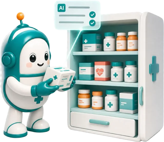 The FarmaBot mascot next to a tidy medicine cabinet, with bottles and boxes on its shelves.