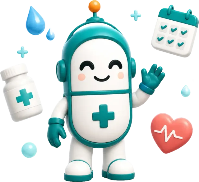 The FarmaBot mascot smiling, surrounded by a medicine bottle, a calendar and a heart.